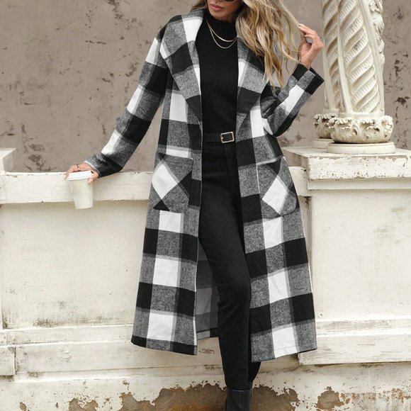 . Jackets & Blazers - Black and White Preppy Womens Buffalo Plaid Print Dual Pocket Overcoat